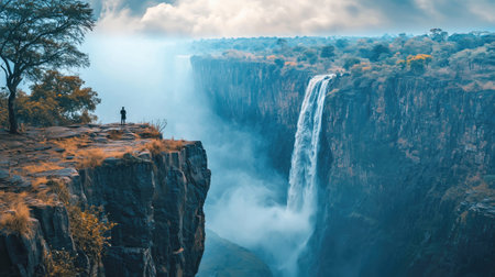 Man standing on a cliff of a rock and looking on the big waterfallの素材