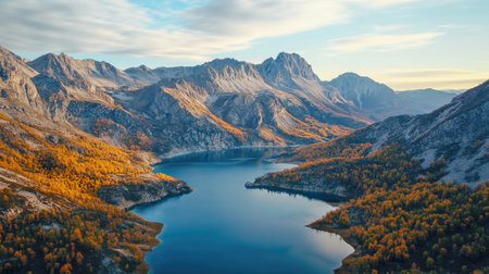 Aerial view of the lake surrounded with mountains in autumn dayの素材