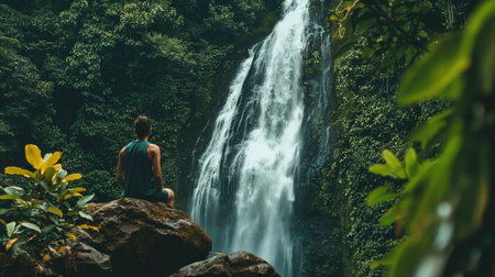 Man sitting on a stone and looking on the the waterfall in tropical forestの素材