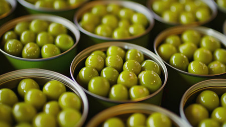 Row of cans with the green peasの素材