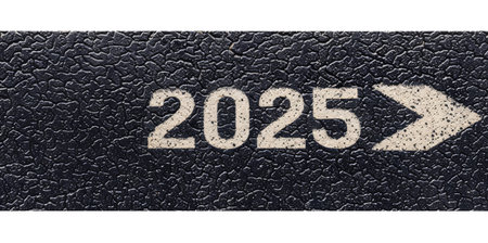 Asphalt road with arrow and number of new year 2025, isolated on white background, top viewの素材