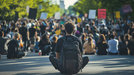 Crowd of protestors blocking the road in the cityの素材