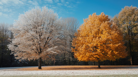Two trees in winter, one is covered with yellow leaves, another one without leavesの素材