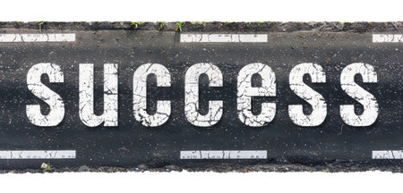Asphalt road with the word "Success" isolated on white background, top viewの素材