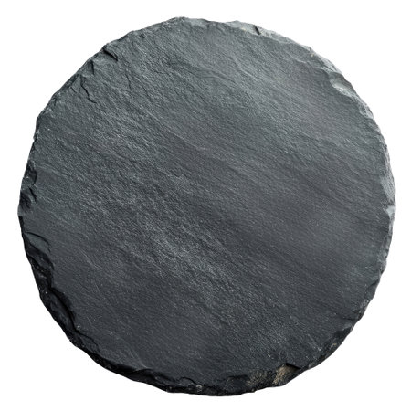 Black round slate stone isolated on white background, top viewの素材