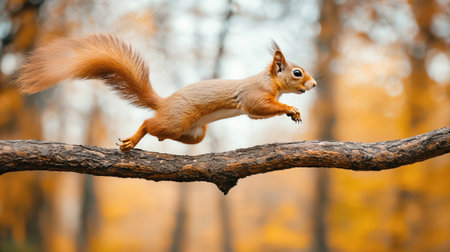 Squirrel running on a branch in the forest in autumnの素材