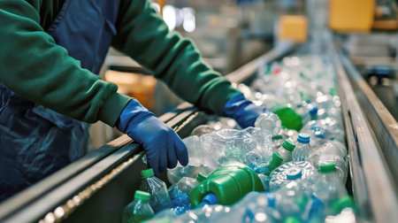 Worker wearing rubber gloves sorting a garbage in the conveyor beltの素材