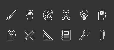 Creativity line icons set, editable stroke, dark background, vector eps10 illustrationのイラスト素材