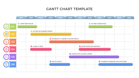 Gantt chart infographic template with six tasks, project timeline infographics, vector eps10 illustrationのイラスト素材