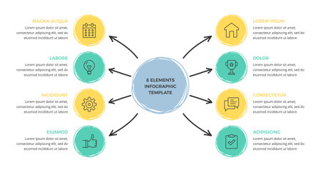 Hand drawn diagram or mind map template with eight elements, doodle infographics, vector eps10 illustrationのイラスト素材