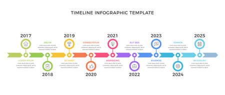 Long horizontal timeline infographic template with nine parts, vector eps10 illustrationのイラスト素材