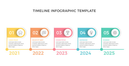 Long horizontal timeline infographic template with five parts, vector eps10 illustrationのイラスト素材