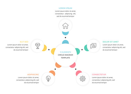 Circular diagram with 5 elements, infographic template of a process with 5 stages, vector eps10 illustrationのイラスト素材