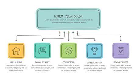 Hand drawn colored flow chart or diagram template with five elements, doodle infographics, vector eps10 illustrationのイラスト素材