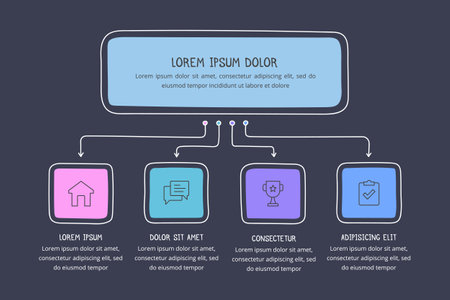 Hand drawn flow chart template with four elements, doodle infographics, dark background, vector eps10 illustrationのイラスト素材