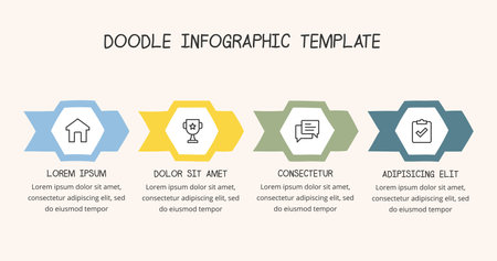 Hand drawn process diagram template with four arrows, doodle infographics, vector eps10 illustrationのイラスト素材