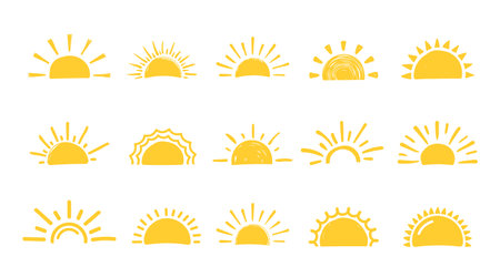 15 Hand drawn suns on white background, vector eps10 illustrationのイラスト素材