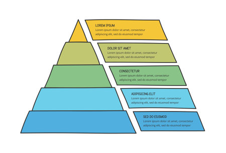 Hand drawn pyramid diagram with 5 colored segments, doodle infographics, vector eps10 illustrationのイラスト素材