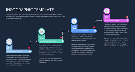Infographic template of a process with four steps, dark background, vector eps10 illustrationのイラスト素材
