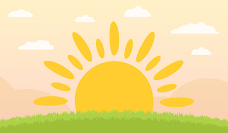Flat design illustration of bright yellow sun rising over green grass field with soft peach sky and white fluffy clouds, vector eps10 illustrationのイラスト素材