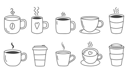 Set of ten various coffee cups and mugs, including to-go cups, steaming mugs, and cups with decorative elements like hearts and coffee beans, vector eps10 illustrationのイラスト素材