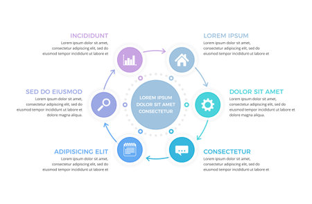 Modern circular diagram infographic with six connected steps, vector eps10 illustrationのイラスト素材