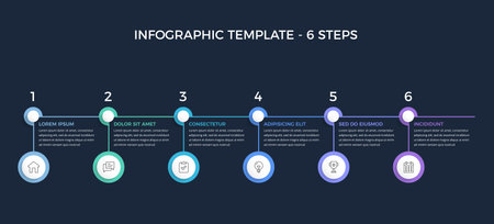 Modern six-step infographic template with numbered sections and circles for icons, dark background, vector eps10 illustrationのイラスト素材