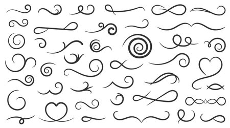 Collection of elegant hand drawn swirls, curls, spirals, flourishes and decorative elements, vector eps10 illustrationのイラスト素材