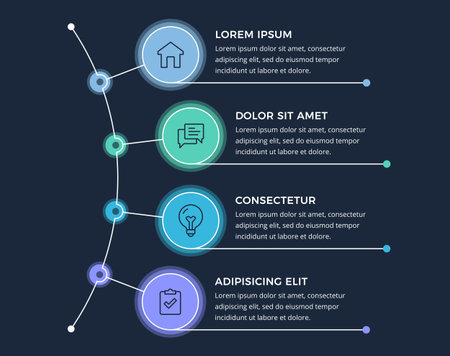 Infographic template with four circular options connected by a line, dark background, vector eps10 illustrationのイラスト素材