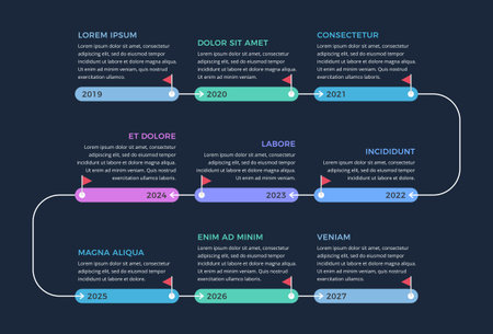 Timeline infographic template with 9 elements and arrows guiding the progression, vector eps10 illustrationのイラスト素材