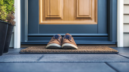 Pair of brown shoes on the mat outside the doorの素材