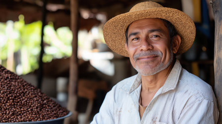 Person in a hat with a coffee beans harvestの素材