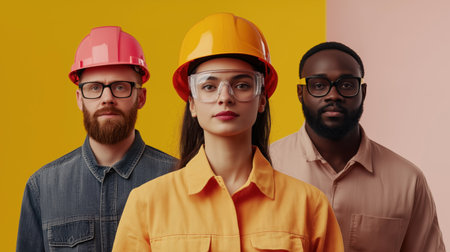 Group of three diverse construction workers wearing bright colored safety helmets and protective glassesの素材