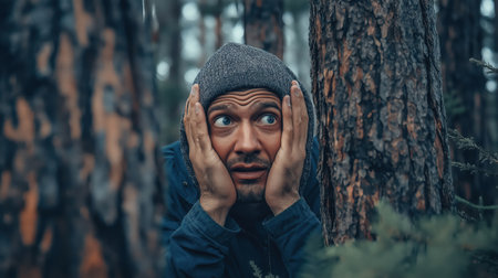Close-up portrait of scared male hiker with hands on face expressing fear while hiding next to tree trunk in dark forestの素材
