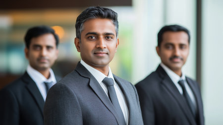 Professional portrait of confident Indian businessman in grey suit and tie with colleagues in backgroundの素材