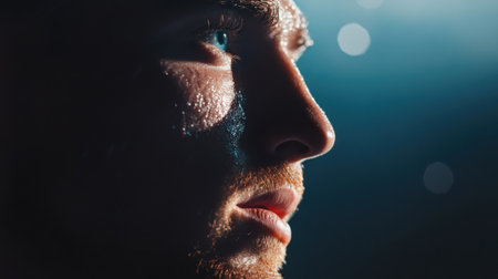 Close-up of a sweaty male athlete face in dramatic lightingの素材