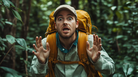 Portrait of surprised male hiker with yellow backpack raising hands in shocked gesture while exploring dense forestの素材