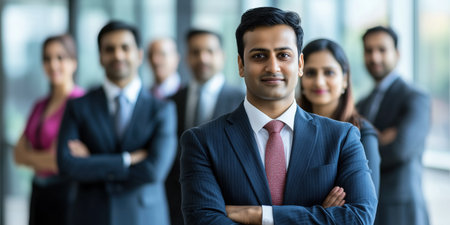 Portrait of Indian business executive in navy suit and red tie with colleagues blurred in backgroundの素材