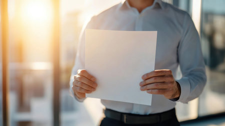 Man in white shirt holding blank white paper or documentの素材