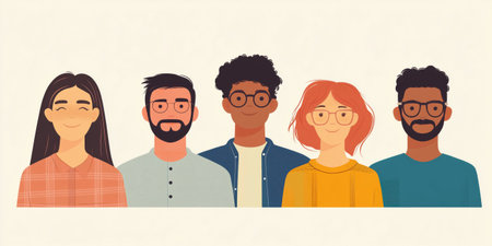 Stylized flat illustration of diverse group of young people with different ethnicities and appearancesの素材
