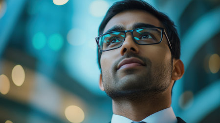 Portrait of young Indian businessman with glasses looking upwardの素材