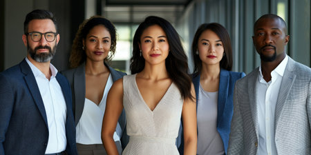 Group of confident and diverse business professionals standing together in a modern officeの素材