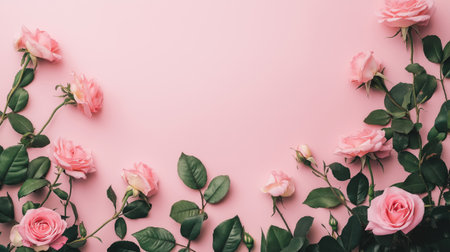 Soft pink background with delicate arrangement of light pink roses and green leavesの素材