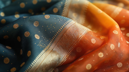 Close-up of luxurious teal silk saree fabricの素材
