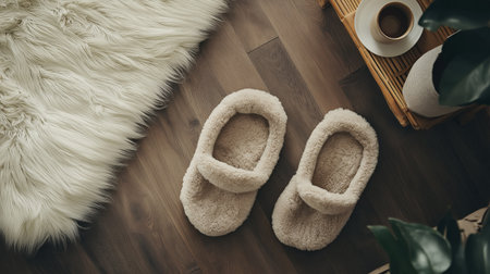 Comfortable beige house slippers placed on warm wooden flooringの素材