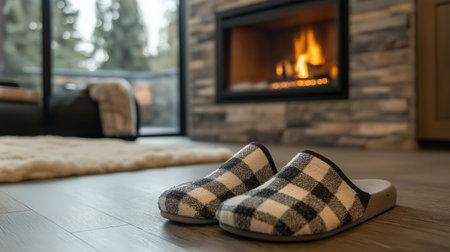 Checkered pattern slippers on floor with burning fireplace in cozy interiorの素材