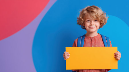 Happy elementary school boy with curly hair holding blank orange sign against colorful geometric backgroundの素材