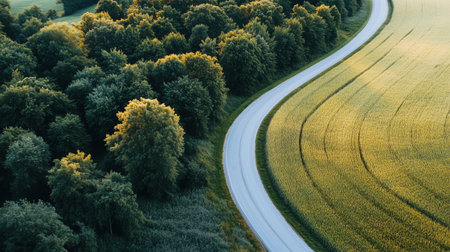 Aerial view of a rural road creating boundary between golden harvested fields and dense forestの素材