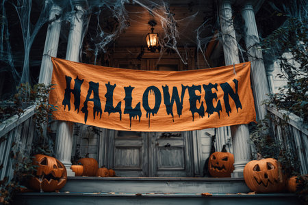 Spooky Halloween entrance with orange banner, carved pumpkins, and atmospheric lighting creating perfect autumn holiday decoration setupの素材