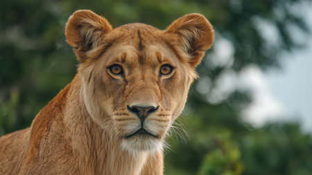 Close-up portrait of powerful male lion with intense gaze in natural habitatの素材